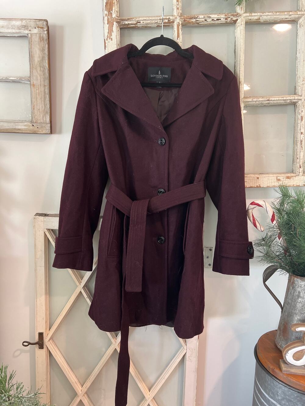 London Fog size large plum colored pea coat wool blend